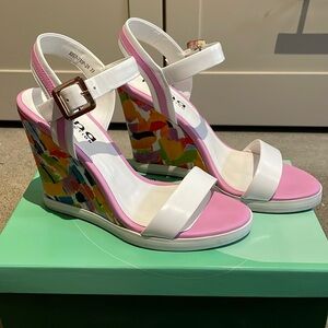 White & Pink Leather Wedges